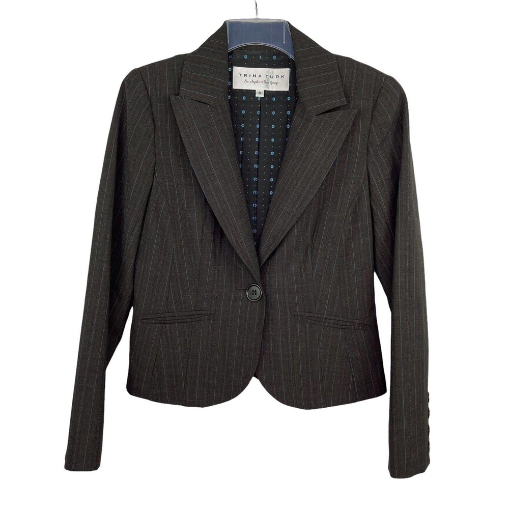 Trina Turk Brown Blue Long Sleeve Single Button Blazer Women's Sz 6